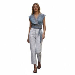 Pilcro Anthropologie Acid Washed Chambray Wrap Top Large Blue Retro Smocked Crop